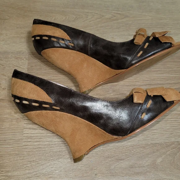 N.Y.L.A. | Shoes | Two Tone Brown Leather Wedge Heels | Poshmark